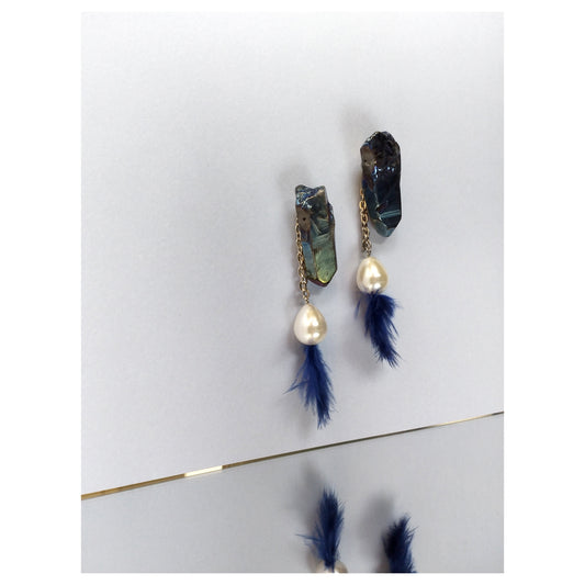 Aura Titanium / Mother of Pearl + Feather Earrings