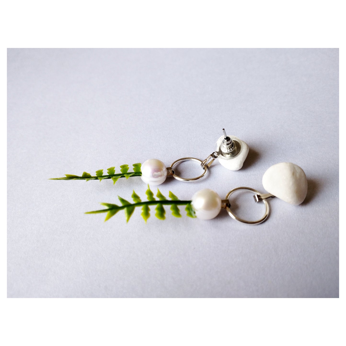 Pebble + Freshwater Pearl + Fern Earrings