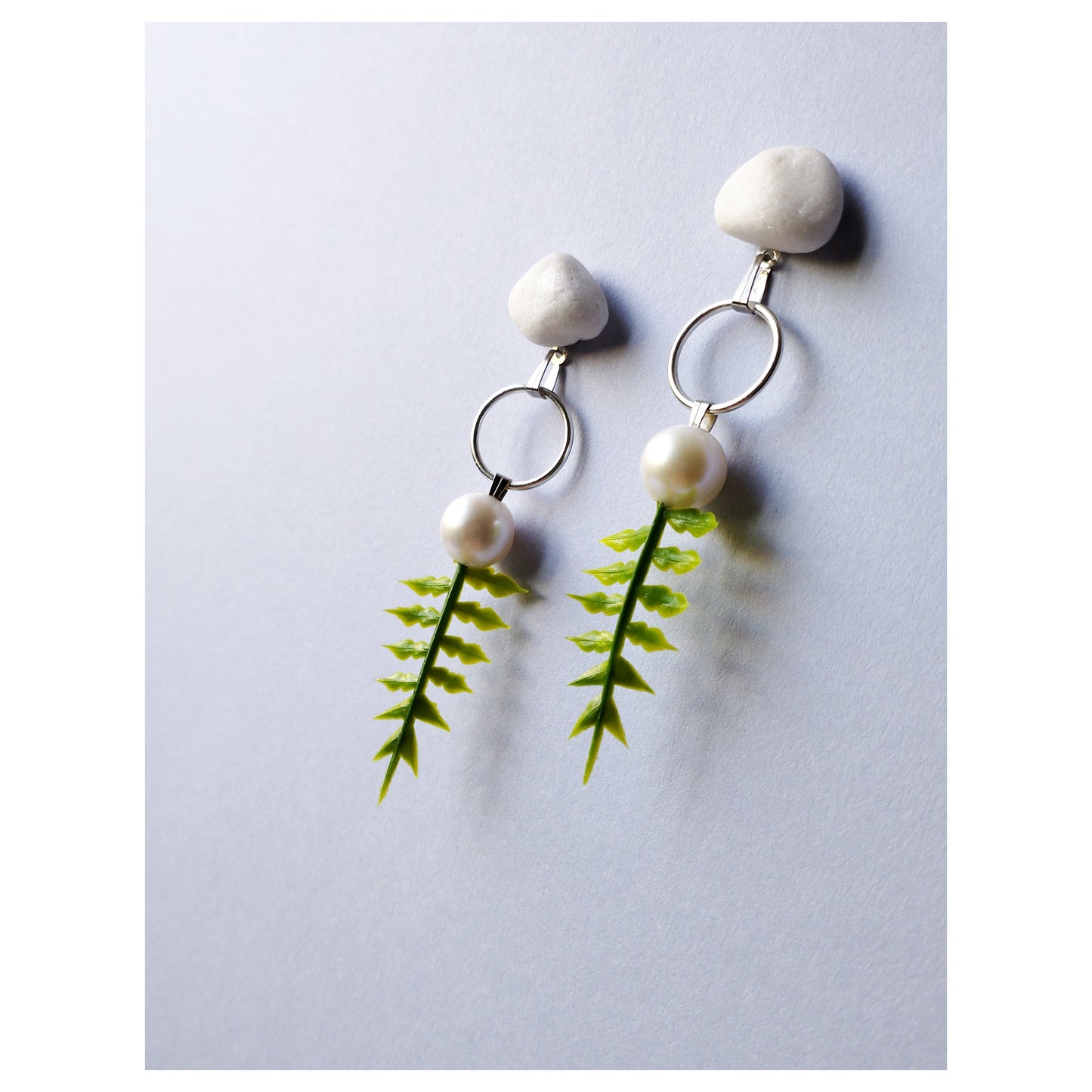 Pebble + Freshwater Pearl + Fern Earrings