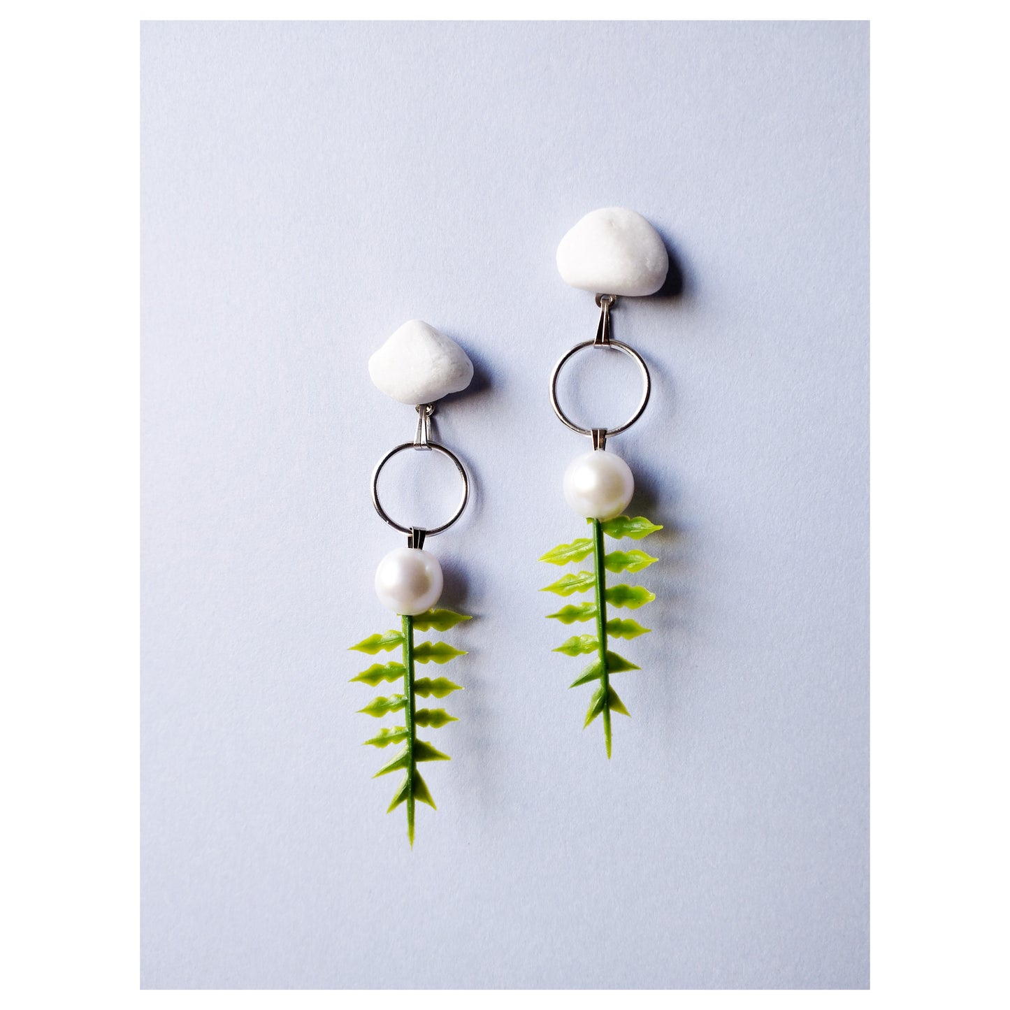 Pebble + Freshwater Pearl + Fern Earrings