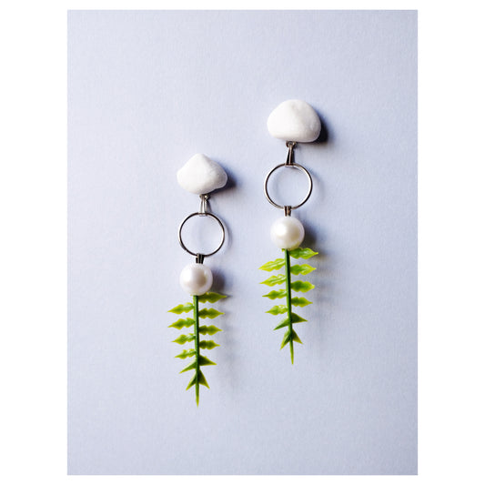 Pebble + Freshwater Pearl + Fern Earrings