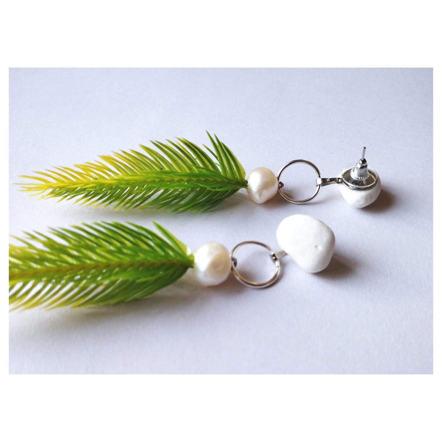 Pebble + Freshwater pearl + Conifer Earrings