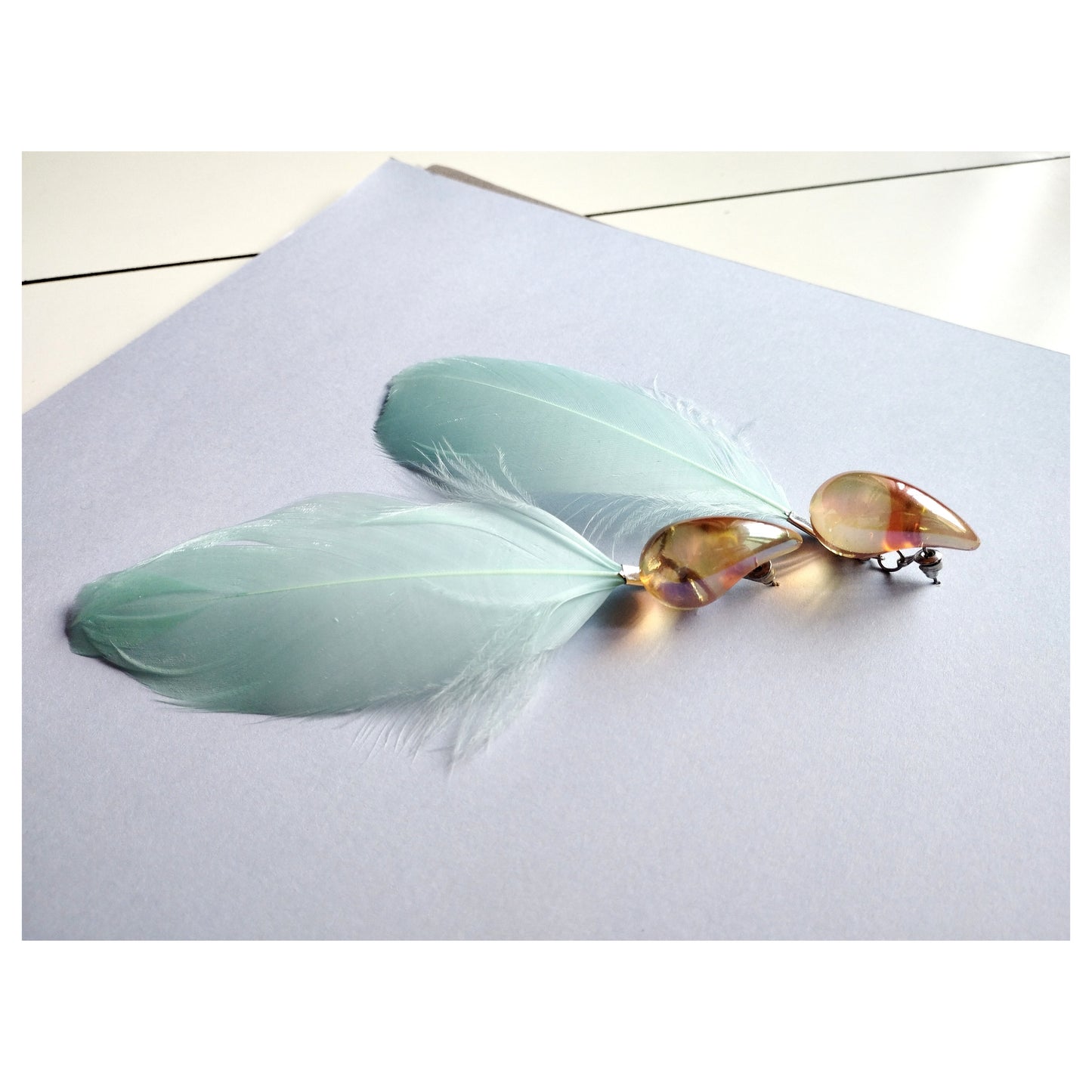 Acrylic Teardrop + Feather Earrings / Orange + Blue